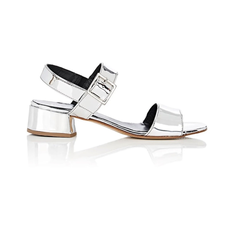 NWOT Barneys New York Silver Ankle Strap Low Heel Sandals